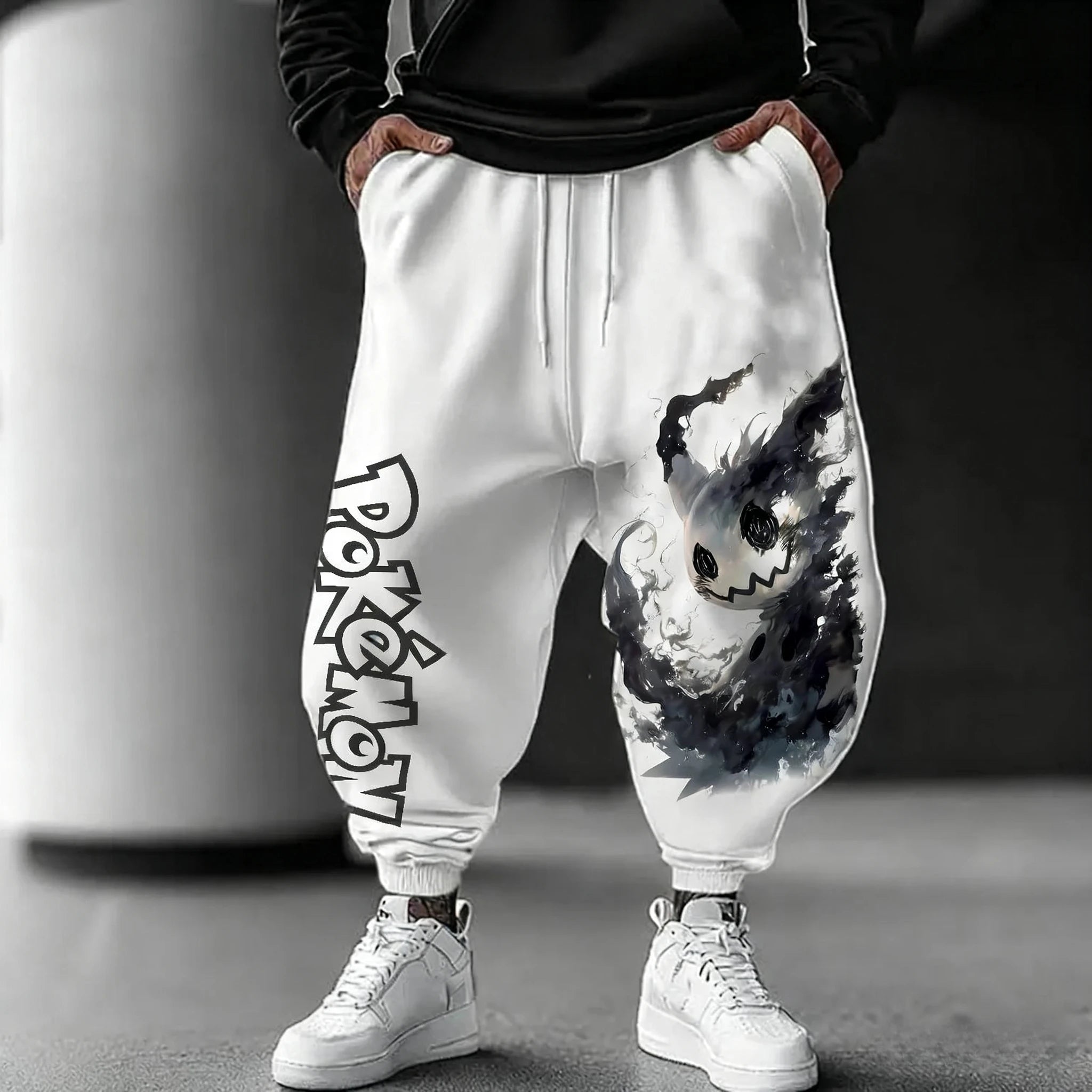 Pokémon Anime Mimikyu Printed White Sweatpants Autumn/Winter Men's New Japanese Harajuku Loose Casual Cotton Tapped Pants