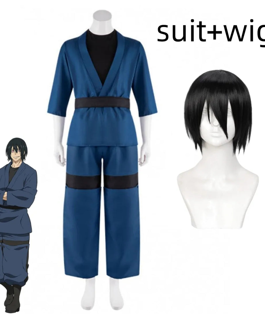 Anime Fire Force Shinmon Benimaru Cosplay Costume Blue Japanese Practice Uniform Tops Wig Adult Man Halloween Carnival Suit