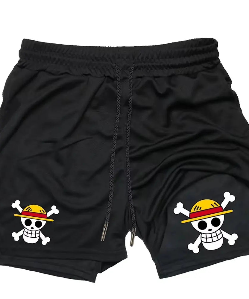 Anime Men's Gym Shorts One Piece Summer Sports Pants Streetwear Breathable Mesh Double-layer 2 in 1 Shorts Sportswear Y2k