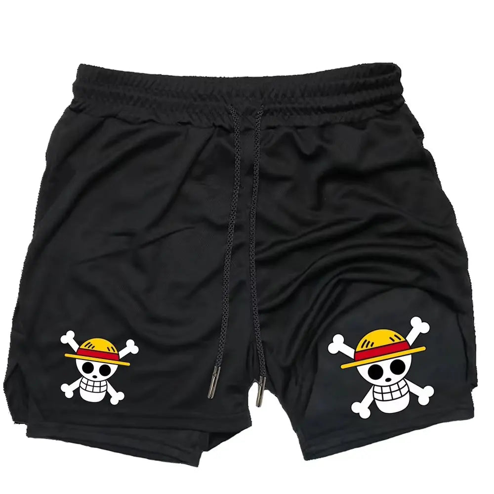 Anime Men's Gym Shorts One Piece Summer Sports Pants Streetwear Breathable Mesh Double-layer 2 in 1 Shorts Sportswear Y2k