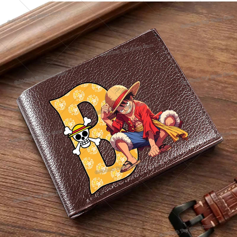 Anime Luffy Men Pu Wallet One Piece Letter A-Z Foldable Short Wallet Man Portable Credit ID Card Holder Male Pocket Coin Purse
