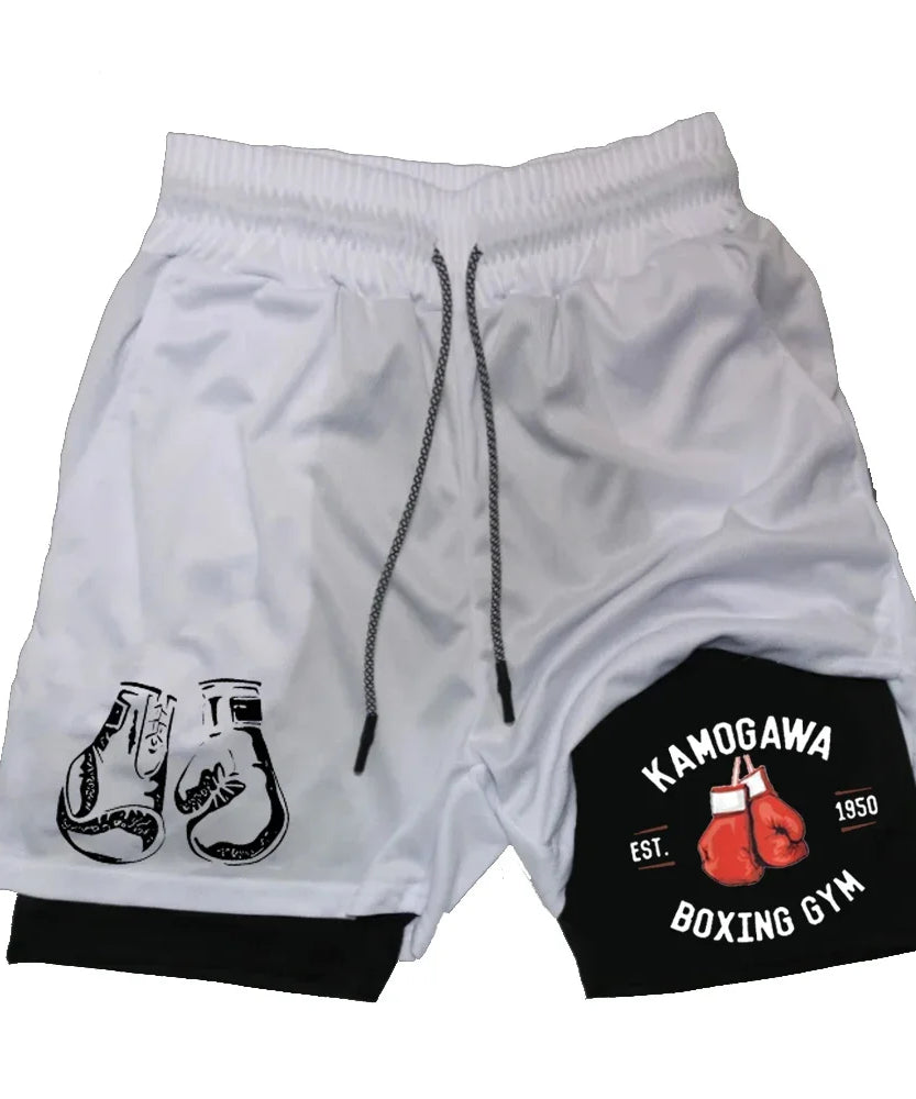 Boxing Gym Print Shorts Mens 2-in-1 Double Layer Quick Dry Beach Shorts Running Basketball Sports Summer Compression Short Pants