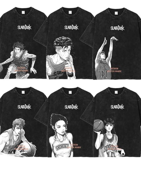 Hanamichi Rukawa Haruko T Shirt Slam Anime Dunk Sendou Vintage Washed Tops Tees Short Sleeve Manga Graphic T-shirt Man Cotton