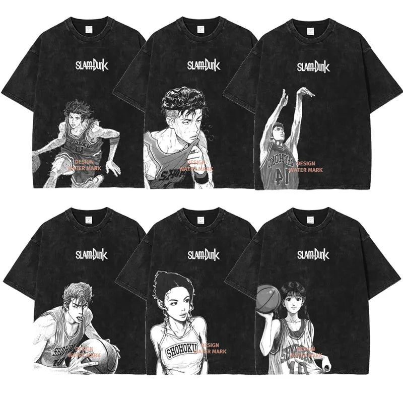 Hanamichi Rukawa Haruko T Shirt Slam Anime Dunk Sendou Vintage Washed Tops Tees Short Sleeve Manga Graphic T-shirt Man Cotton