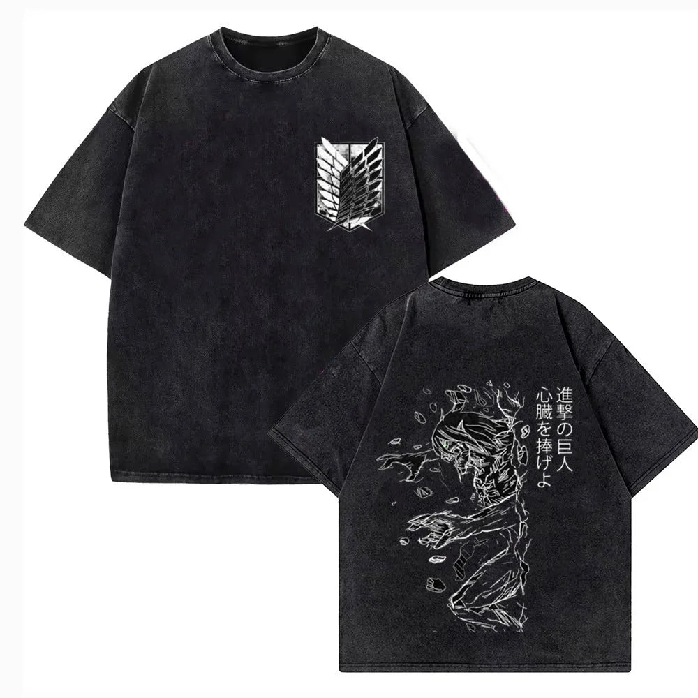 Attack on Titan Vintage Washed Print T-Shirt – Mikasa & Eren Wings of Freedom 3