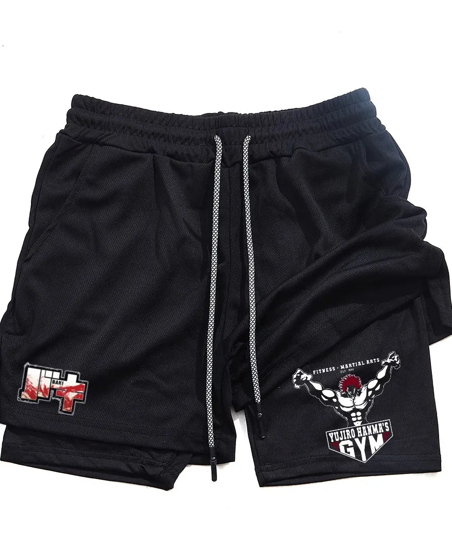 Men's and women's gym shorts, quick drying mesh shorts, animated printed Baki Hanma, sleeves, 2-in-1