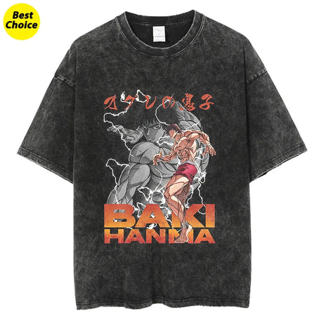Baki Hanma Anime Manga Graphic Tees for Men Women Retro Washed Cotton T-shirts Vintage  Tops Casual Oversized Tshirt Harajuku Streetwear