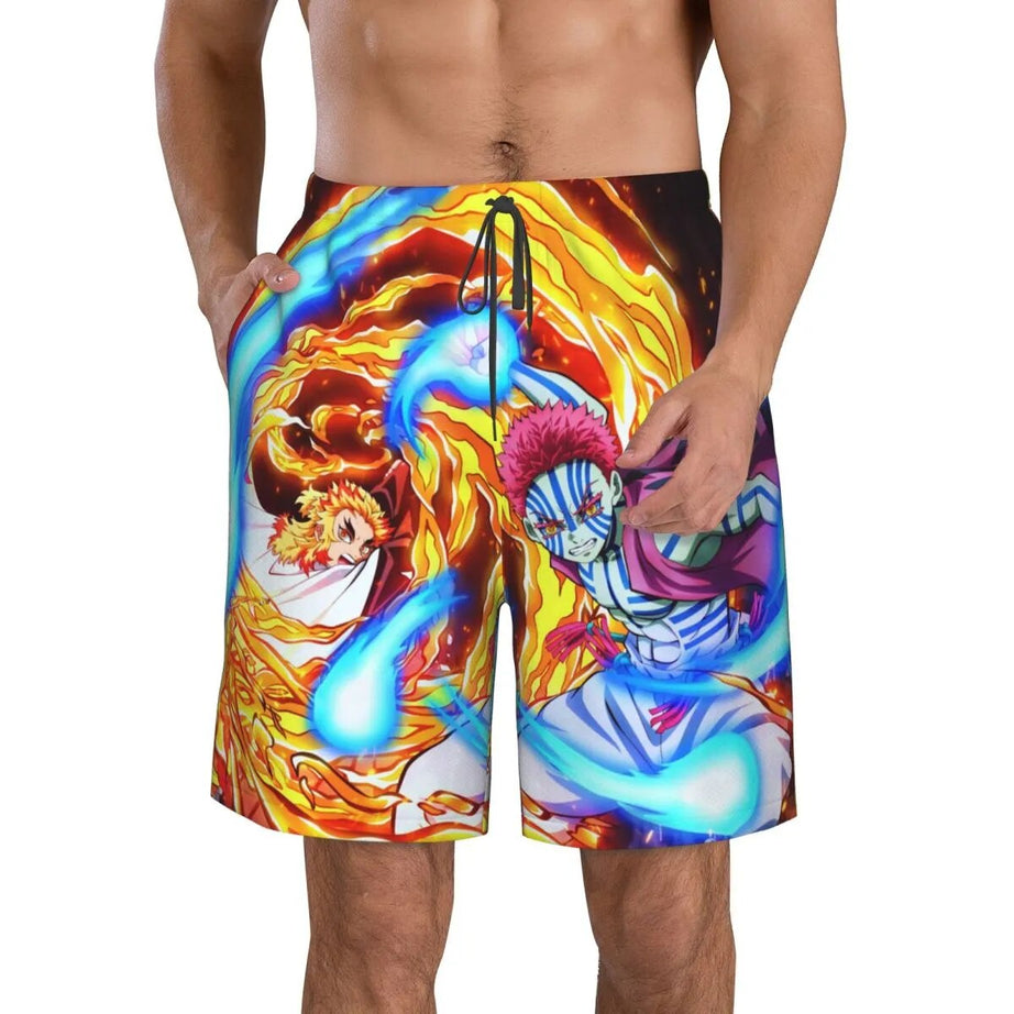 Demon Slayer Anime Rengoku VS Akaza Beach Pants For Men 2023 Summer Beachwear Board Shorts Fast Dry Trunks