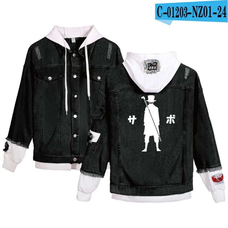 ONE PIECE Anime Chooper Denim Bomber Jacket Hooded Sweatshirt Unisex Ripped Hole Cosplay Hoodie Long-Sleeved Denim Jacket Gift
