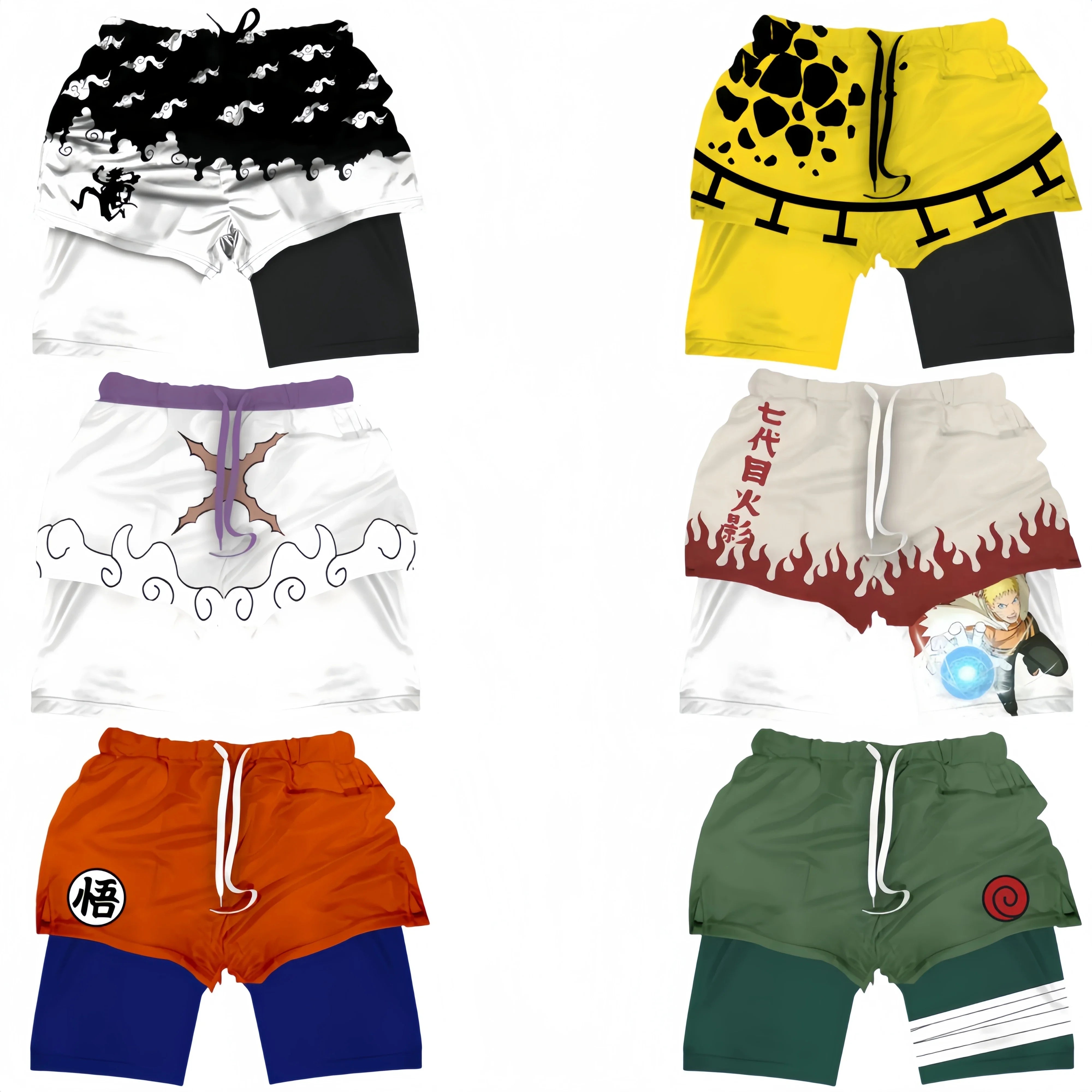 One Piece x Naruto x Dragon Ball 2-in-1 Men’s Gym Shorts – Quick-Dry & Breathable Sportswear