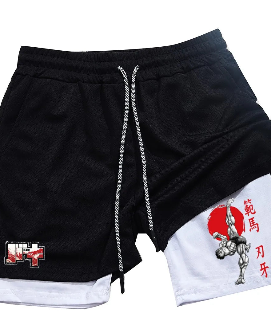 Men's and women's gym shorts, quick drying mesh shorts, animated printed Baki Hanma, sleeves, 2-in-1