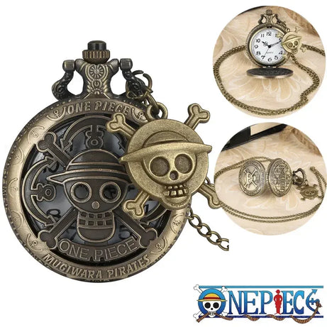 ONE PIECE Skull Pocket Watch Anime Vintage Hollow Gear Hollow Quartz Pocket Watch Necklace Pendant Clock Chain Gift for Kids