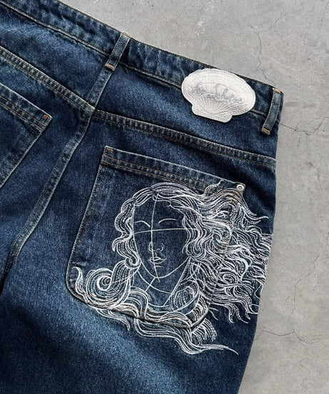 Y2k Blue Baggy Straight Jeans Retro Venus Embroidery Leather Label New Men Women Jeans Harajuku Hip Hop Streetwear Casual Pants