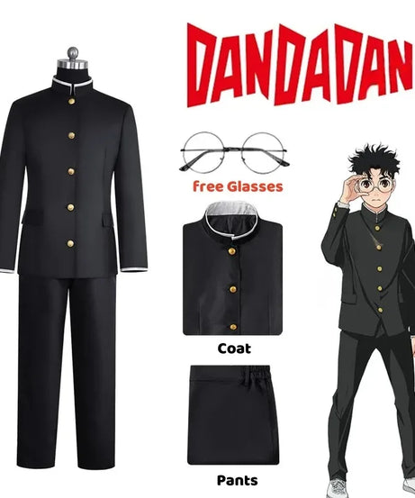 Ken Takakura Cosplay Costume Wig Anime Dandadan Okarun School Uniform Black Jacket Pants Gakuran Glasses Halloween Party Men