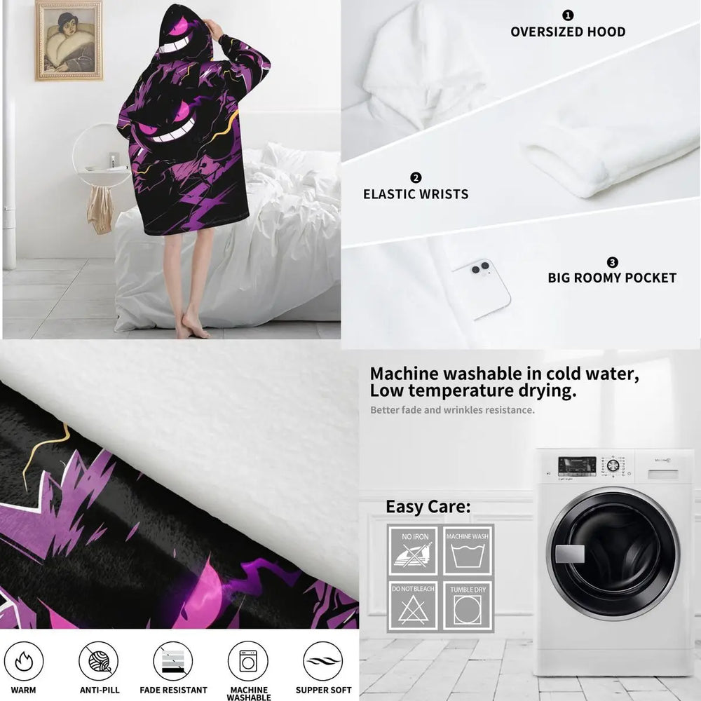 Pokémon Gengar Oversized Wearable Blanket Hoodie – Premium Fleece Sweatshirt Blanket for Men & Women 6