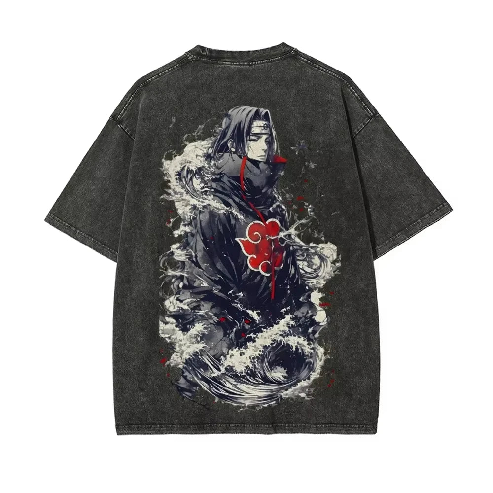 Anime Naruto Itachi Uchiha Great Wave T-Shirt – Vintage Acid Wash Streetwear Graphic Tee 3