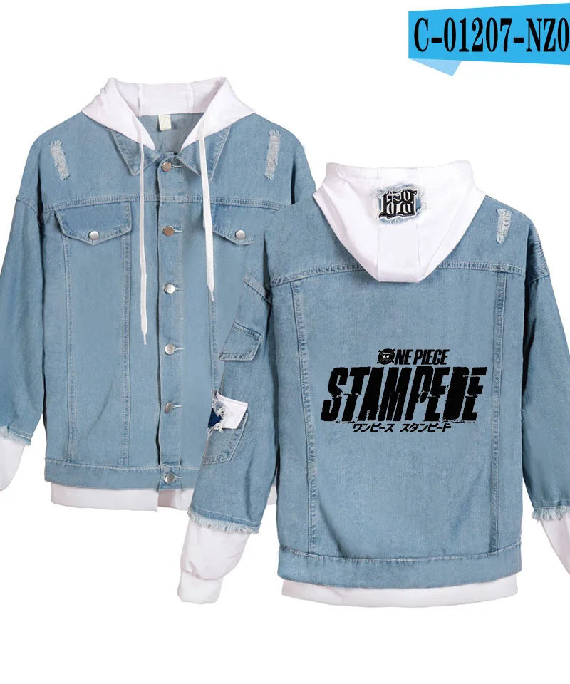 ONE PIECE Anime Chooper Denim Bomber Jacket Hooded Sweatshirt Unisex Ripped Hole Cosplay Hoodie Long-Sleeved Denim Jacket Gift