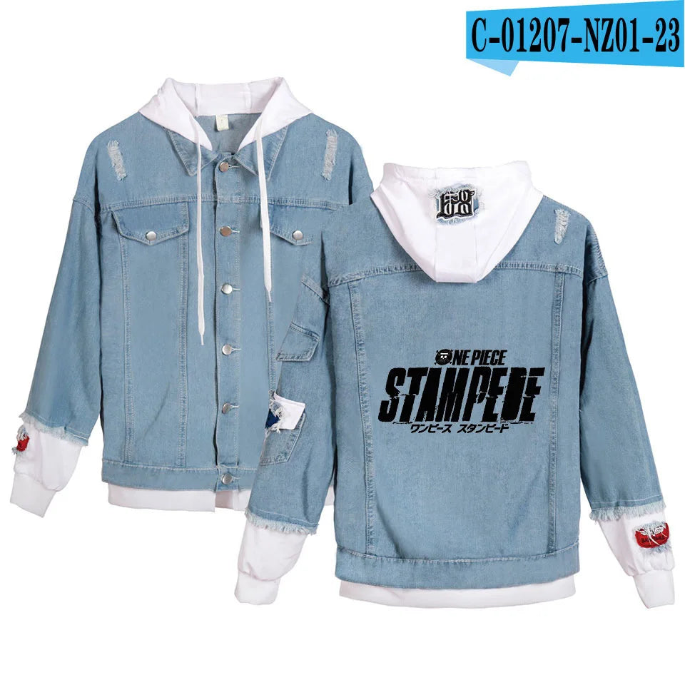 ONE PIECE Anime Chooper Denim Bomber Jacket Hooded Sweatshirt Unisex Ripped Hole Cosplay Hoodie Long-Sleeved Denim Jacket Gift