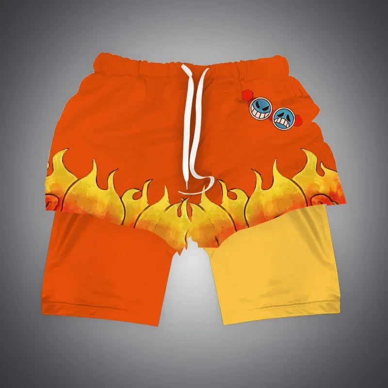 One Piece x Naruto x Dragon Ball 2-in-1 Men’s Gym Shorts – Quick-Dry & Breathable Sportswear