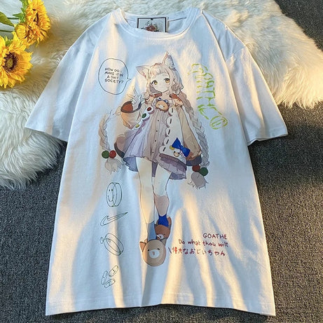 Summer New Cute Short-Sleeved Female Ins Student Korean Kawaii Version Loose Anime Japanese Wild White T-Shirt Clothes Top Trend