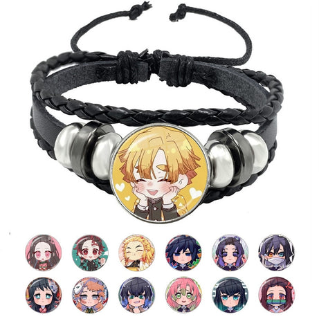 Kawaii Anime Accessories Character Demon Slayer Bracelet Collect Glass Cabochon Leather
