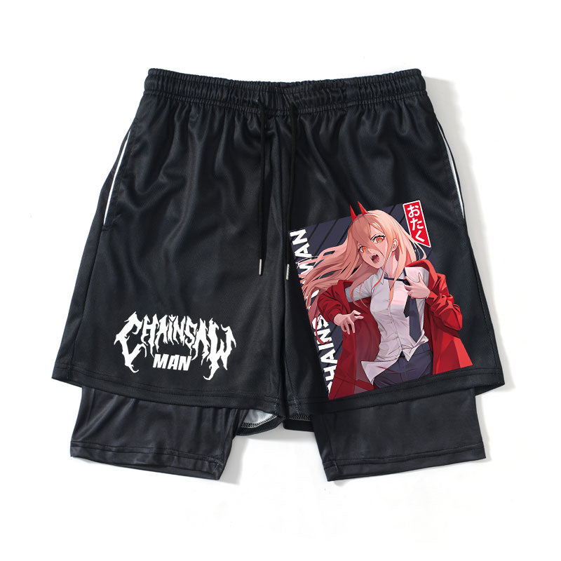 Cute Power Anime Chainsaw Men Sport Shorts - 2-in-1 Workout Running and Training Shorts