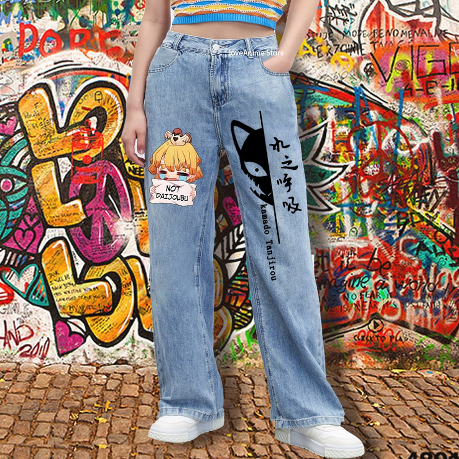 Jeans Demon Slayer Pants Harajuku Loose Jeans Summer Streetwear Cartoon Y2k Jeans Hip Hop Wide Leg Pants Anime Pants High Quality