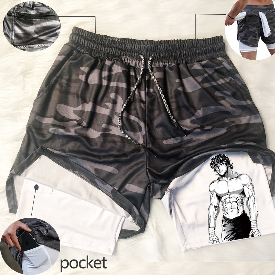 Summer Short Pants Anime Hanma Baki Gym Shorts Black White 2 In1 Mens Bodybuilding Shorts