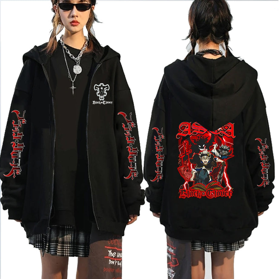 Casual Black Clover Anime Hoodie Oversized Streetwear Harajuku Zip Up