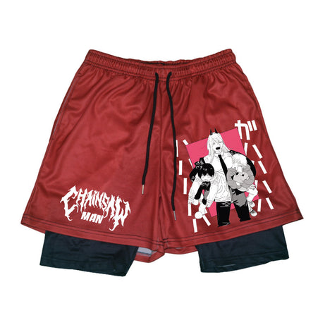 Anime Chainsaw Men Sport Shorts - 2-in-1 Workout Running and Training Shorts Gym, Fitness, and Jogging!